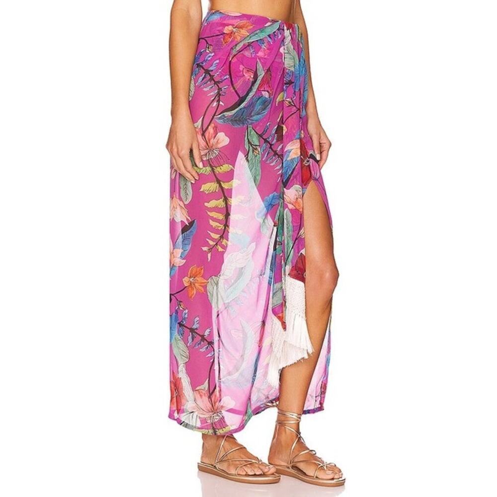Patbo Zamia Fringed Crochet-Trimmed Printed Chiffon Beach Skirt Size 4 NWOT